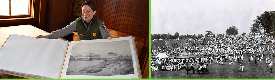 Left: Park ranger with World’s Columbian Exposition photo album. Right: Historic view of Franklin Park, Boston, MA. Courtesy NPS, Frederick Law Olmsted National Historic Site.